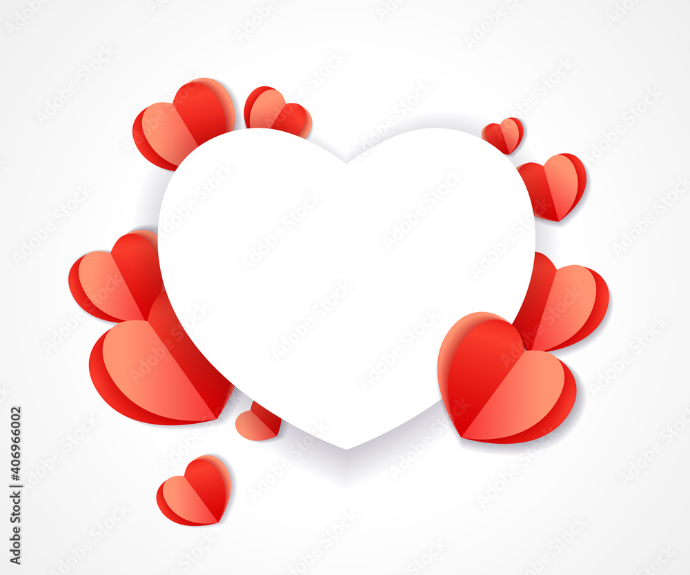 Valentines Day heart paper background with cut red paper hearts. Origami shape heart isolated on white background for wedding, valentine's, mother's or woman's day. Vector illustration Valentines Day heart paper background with cut red paper hearts. Origami shape heart isolated on white background for wedding, valentine's, mother's or woman's day. Vector illustration