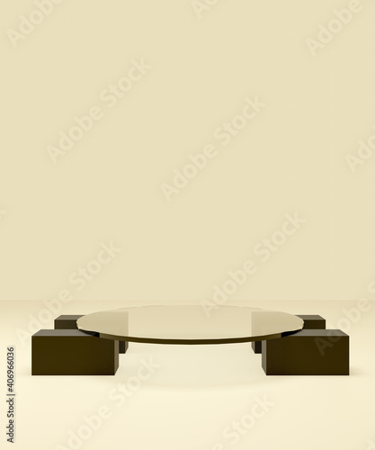 Abstract cosmetic background for product presentation. Rectangular brown podium on glass stand in abstract room. 3d rendering illustration.