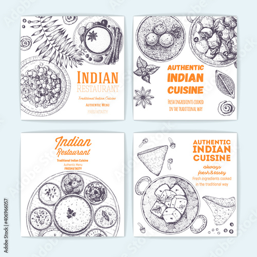 Indian food vintage design template. Banners collection. Vector illustration hand drawn linear art. Indian Cuisine restaurant menu. Hand drawn sketch.