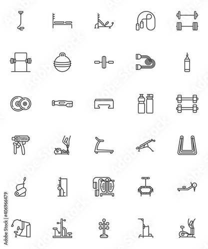 Gym equipment line icons set. linear style symbols collection, outline signs pack. Fitness, sports equipment vector graphics. Set includes icons as barbell, dumbbell, gym machine, elliptical trainer