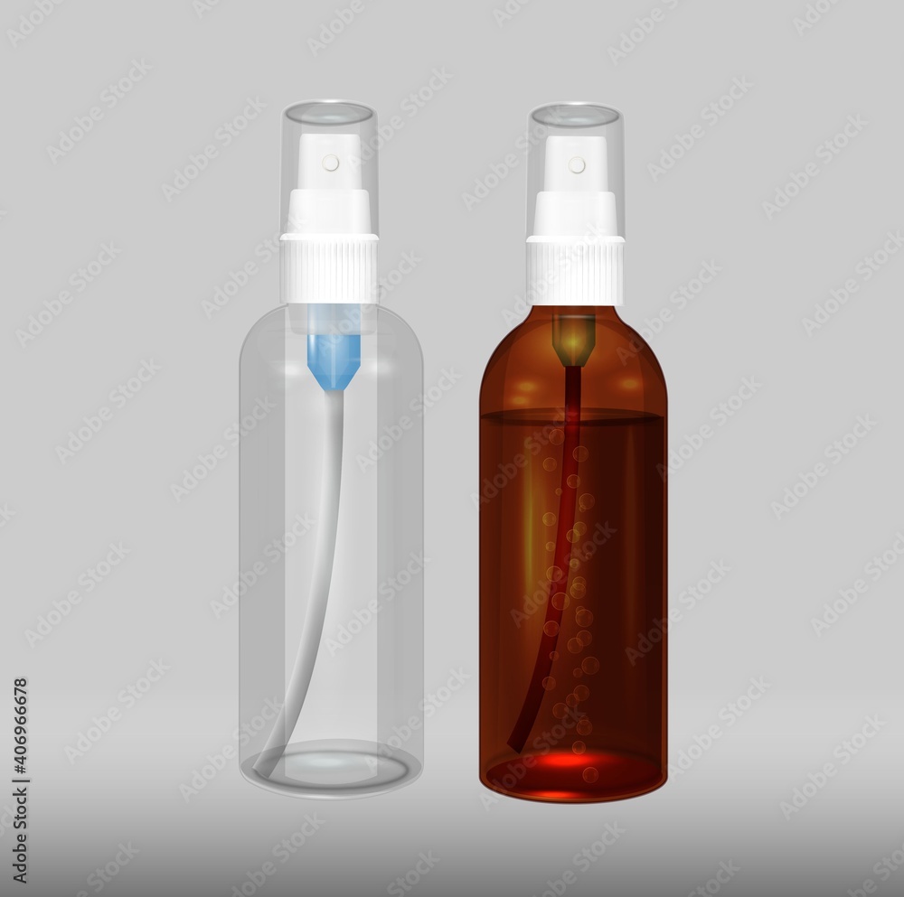 Mockup of realistic glossy clear glass, PET, brown for cosmetic soap, shampoo, cream, dropper for oil skin care product background illustration and spray bottle with white cap. Mockup of realistic glossy clear glass, PET, brown for cosmetic soap, shampoo, cream, dropper for oil skin care product background illustration and spray bottle with white cap.