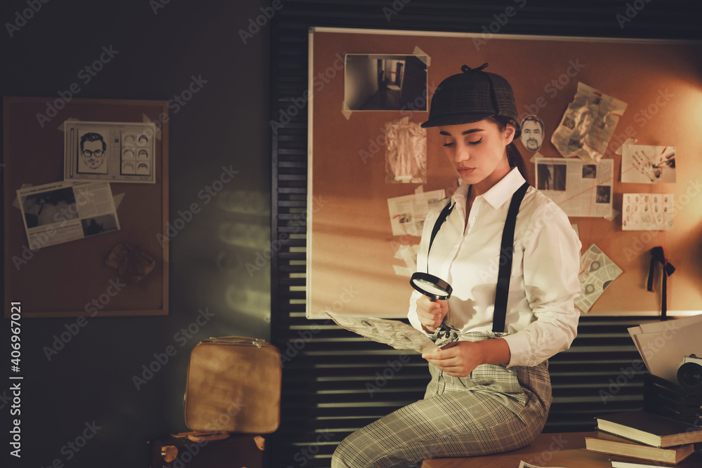 Old fashioned detective with magnifying glass and document in office - obrazy, fototapety, plakaty 