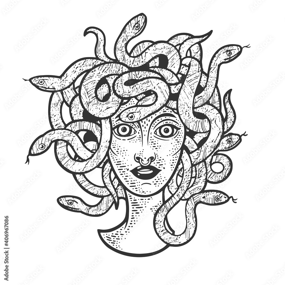 Medusa Gorgo head with snakes sketch engraving vector illustration. T-shirt apparel print design. Scratch board imitation. Black and white hand drawn image. Medusa Gorgo head with snakes sketch engraving vector illustration. T-shirt apparel print design. Scratch board imitation. Black and white hand drawn image.