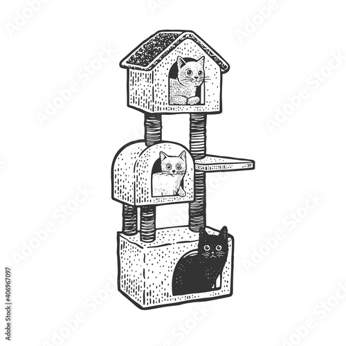 cat house sketch engraving vector illustration. T-shirt apparel print design. Scratch board imitation. Black and white hand drawn image.