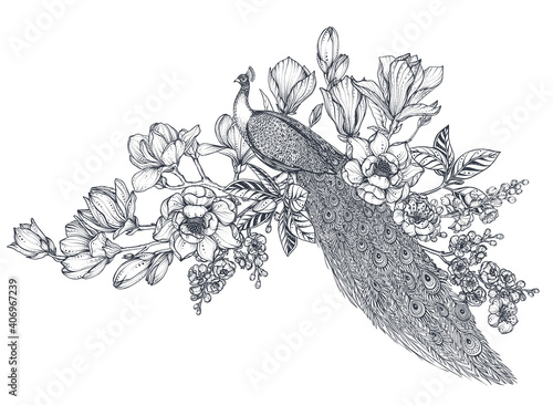 Vector bouquet of hand drawn peacocks, doodle magnolia and sakura flowers. Beautiful romantic elegant floral composition