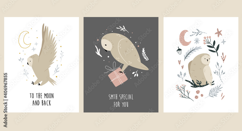 Set of greeting cards with cute, funny owls.