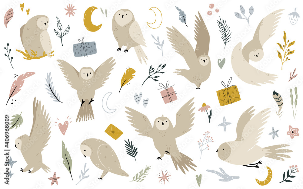 Fototapeta premium Big set of cute owls and hand drawn floral and sky elements