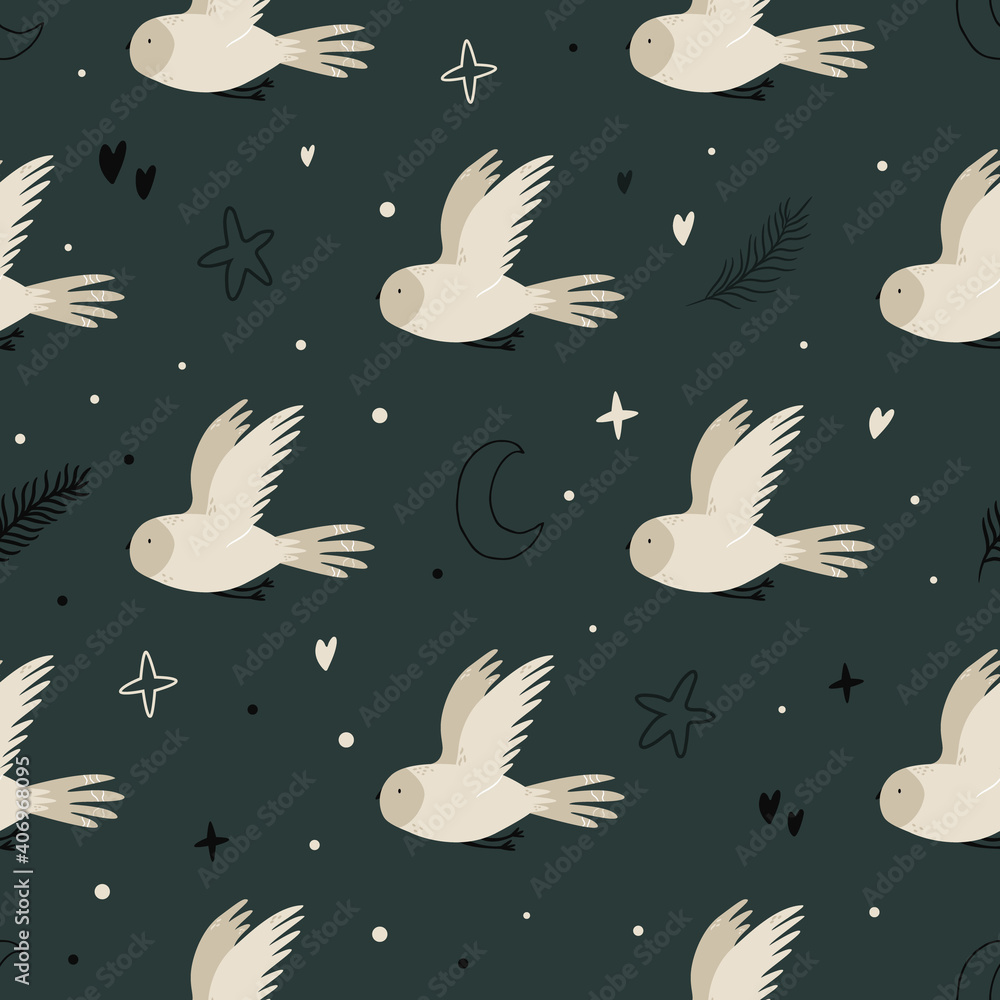 Seamless pattern with cute flying owls and hand drawn decorative elements Seamless pattern with cute flying owls and hand drawn decorative elements