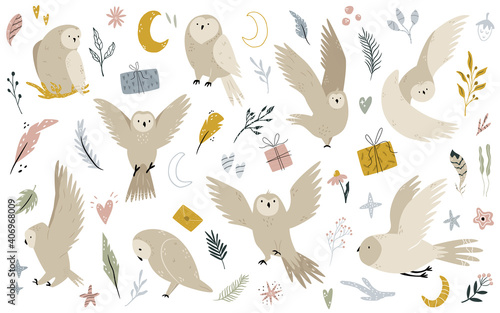 Big set of cute owls and hand drawn floral and sky elements