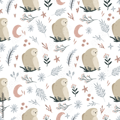 Seamless pattern with cute owls and hand drawn decorative elements