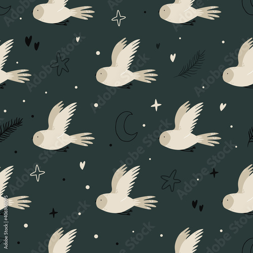 Seamless pattern with cute flying owls and hand drawn decorative elements