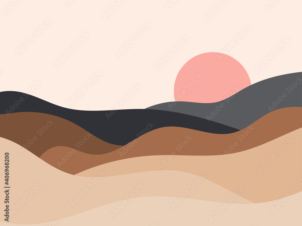Wavy landscape in a minimalistic style. Sunset landscape with hills. Red sun. Boho decor for prints, posters and interior design. Mid Century modern decor. Trend style. Vector illustration Wavy landscape in a minimalistic style. Sunset landscape with hills. Red sun. Boho decor for prints, posters and interior design. Mid Century modern decor. Trend style. Vector illustration