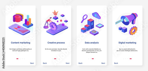 Content marketing creative digital technology vector illustration. UX, UI onboarding mobile app page screen set with cartoon 3d tech data analysis process for social media promotion, business service