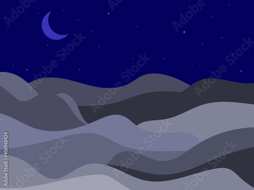Night landscape in a minimalistic style. Crescent moon in the starry sky. Boho decor for prints, posters and interior design. Mid Century modern decor. Vector illustration