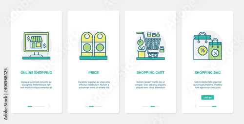 Online commerce, internet shop technology vector illustration. UX, UI onboarding mobile app page screen set with line shopping bag and cart from supermarket or grocery store, price ecommerce symbols