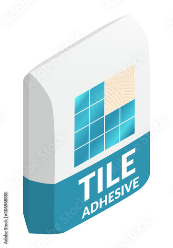 Isometric vector illustration of ceramic tile adhesive bag isolated on white background. Paper sack vector icon. Cartoon isometric tile glue bag icon in flat cartoon style. Building materials.