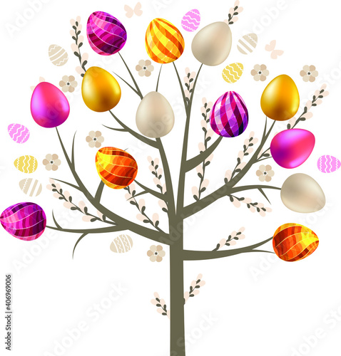 Easter template with blossoming tree,eggs and festive symbols of spring holiday.