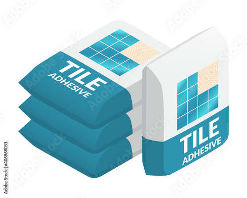 Isometric vector illustration of ceramic tile adhesive bags isolated on white background. Paper sacks vector icon. Cartoon isometric tile glue bags icon in flat cartoon style. Building materials.