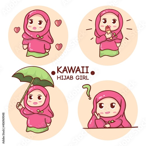 cute girl hijab with different poses, poses with umbrella, ice cream and question