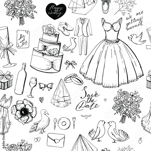 Seamless pattern with black wedding symbols.Endless texture with hand drawn objects on white