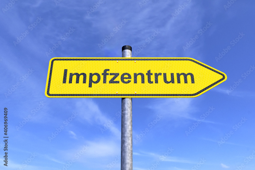 3d Illustation - Verkehrsschild - Impfzentrum - Wegweiser - Rechts - Verkehrszeichen - Coronavirus - Himmel - Wolken 3d Illustation - Verkehrsschild - Impfzentrum - Wegweiser - Rechts - Verkehrszeichen - Coronavirus - Himmel - Wolken