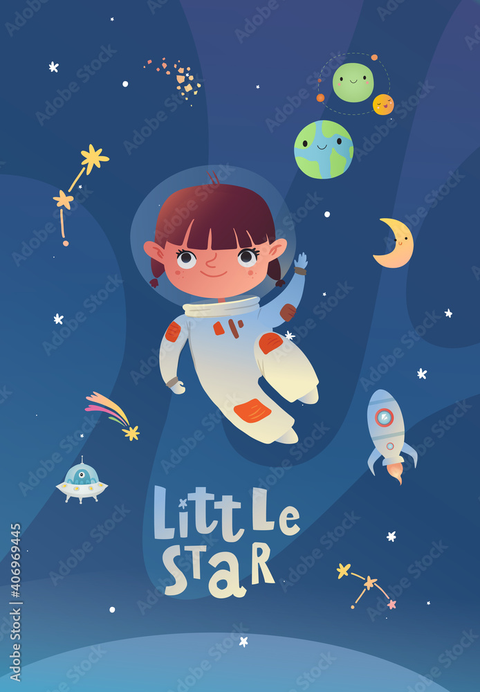 Naklejka premium Holiday card design. Baby shower. A little astronaut floating around in open space, among stars, planets, and comets.
