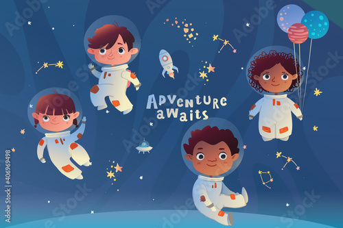 Holiday card design. Baby shower. Little astronauts floating around in open space, among stars, planets,  and comets.