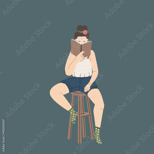 The girl sits on a high chair and reads a book. Vector flat illustration of trending character. The concept of self-development, hobbies, love of reading. Isolated