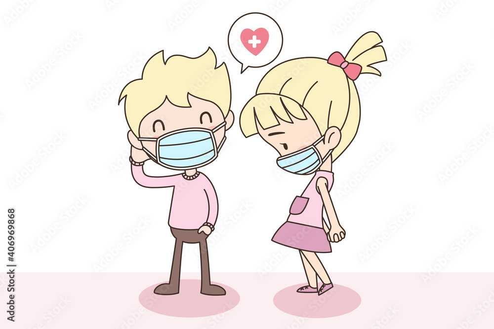 Vector celebratioin of cute boy and girl loving couple. Valentine's and Covid-19 concept. Vector celebratioin of cute boy and girl loving couple. Valentine's and Covid-19 concept.