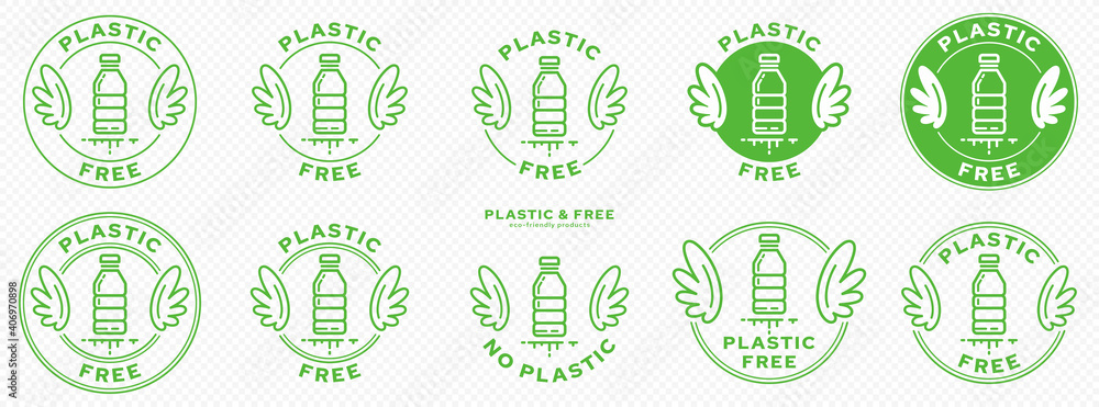 A set of conceptual stamps for packaging products. Marking - no plastic. A stamp with wings is a symbol of liberation, freedom. Plastic bottle flat icon and flowing ingredient line. Vector A set of conceptual stamps for packaging products. Marking - no plastic. A stamp with wings is a symbol of liberation, freedom. Plastic bottle flat icon and flowing ingredient line. Vector