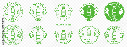A set of conceptual stamps for packaging products. Marking - no plastic. A stamp with wings is a symbol of liberation, freedom. Plastic bottle flat icon and flowing ingredient line. Vector