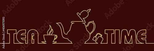 Bannière avec un dessin simple au trait or - une ligne composée de typographie et d’objets pour servir le thé.