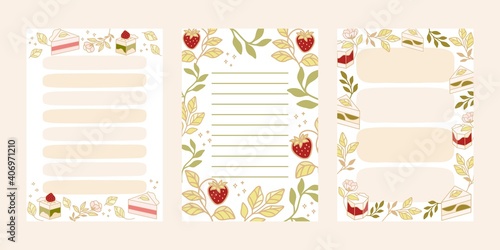 To do list, notepad templates with hand drawn cake and strawberry elements