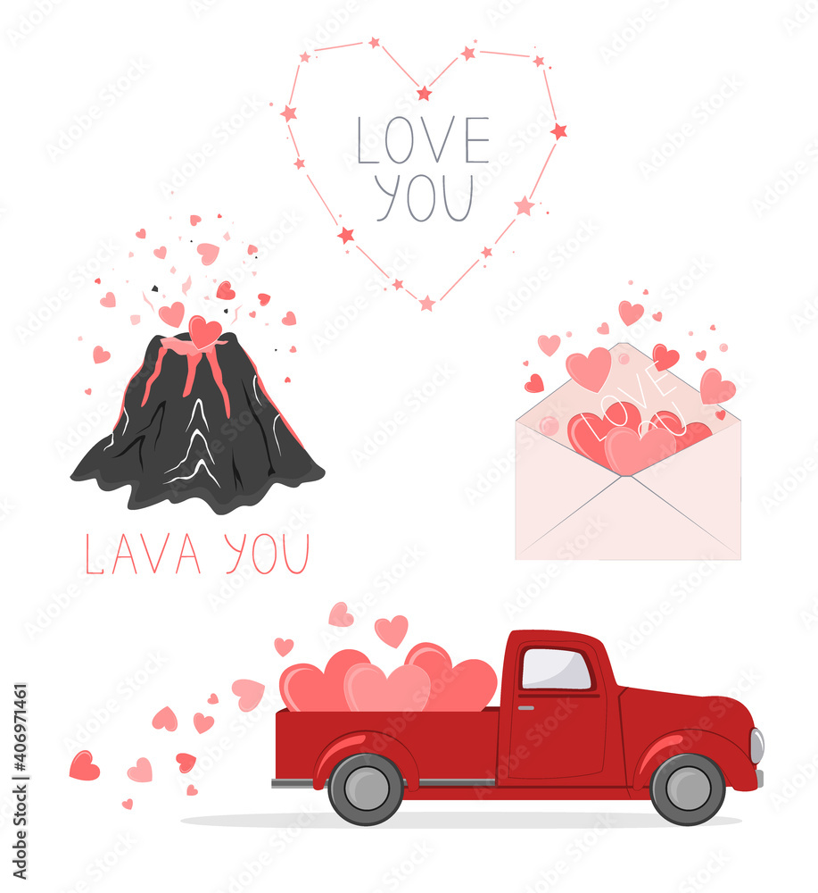 Set of cute pictures for Valentine Day. Red pickup truck with hearts, love envelope, volcano lover, and hearts constellation. Cards for a Saint Valentine Day. Vector illustration Set of cute pictures for Valentine Day. Red pickup truck with hearts, love envelope, volcano lover, and hearts constellation. Cards for a Saint Valentine Day. Vector illustration