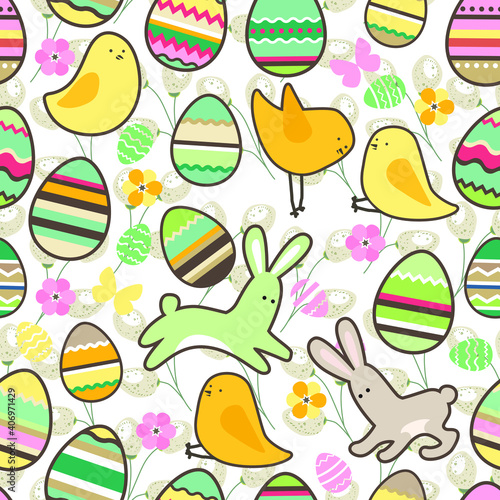 Seamless easter pattern with eggs and rabbits