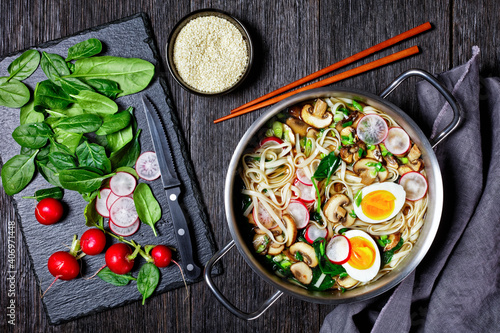 Udon noodle soup with spinach, radish, boiled eggs