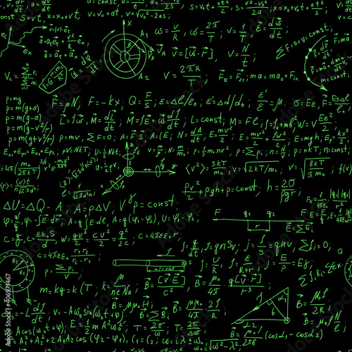 Hand writing physics formula on seamless blackboard vector illustration. Green glow inscribed with scientific formulas and calculations in physics and mathematics.