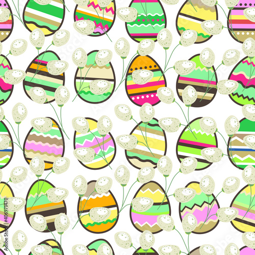 Seamless  easter pattern with eggs and pussy willow