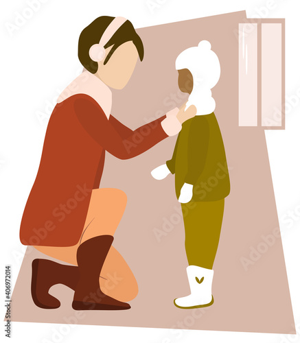 Mom going to walk with her child. Single parent concept. Isolated vector illustration. Multi-ethnic family