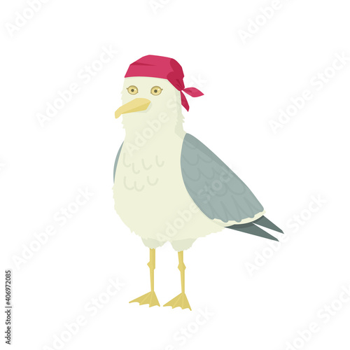 Seagull vector character. Cartoon gull in bandana. Flat illustration 