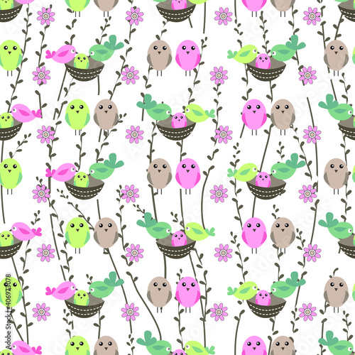 Seamless  easter pattern with nests and birds