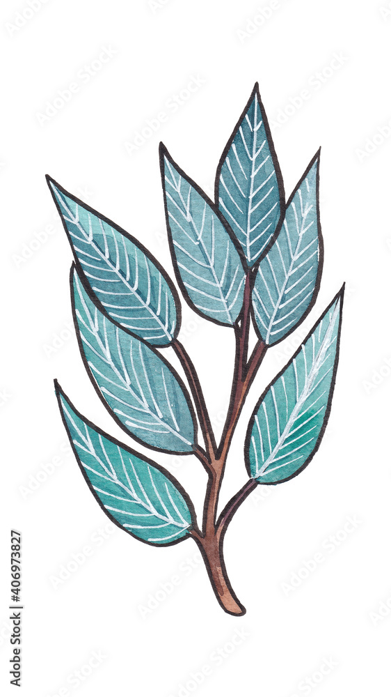 Hand-drawn watercolor blue & tturquoise twigs, leaves and buds isolated on white background Hand-drawn watercolor blue & tturquoise twigs, leaves and buds isolated on white background