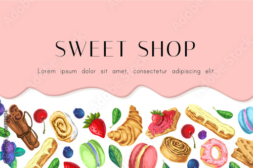 sweet caramel background. pink glaze flowing down. Dripping ice cream or yogurt flow down. Vector illustration. banner with flowing pink liquid or melting chocolate and fresh pastry, desserts, sweets.