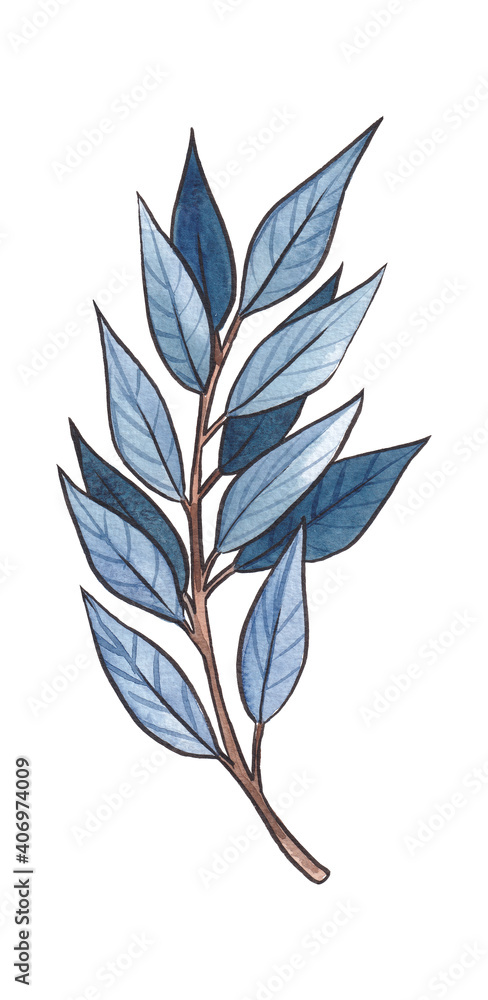 Hand-drawn watercolor blue & tturquoise twigs, leaves and buds isolated on white background Hand-drawn watercolor blue & tturquoise twigs, leaves and buds isolated on white background
