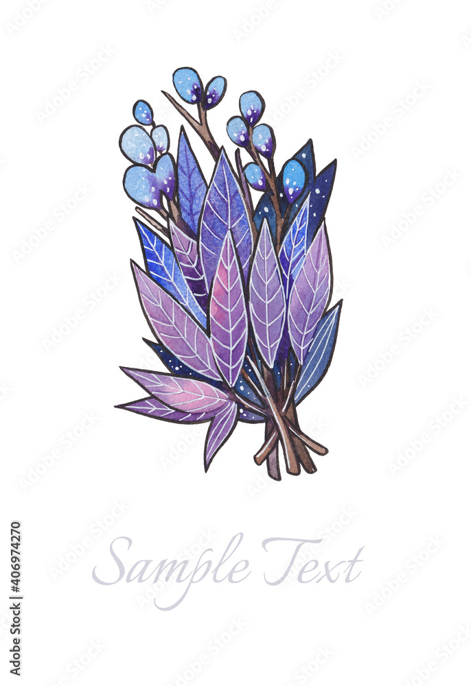 Watercolor drawings for cards with leaves, branches and flowers. Blue, turquoise, lilac and purple shades
