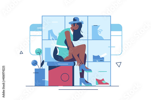 Girl trying on shoes in boutique vector illustration. Woman shopping in shoe store flat style concept. Footwear and fashion concept. Female choosing boots. Shoeshop interior. Isolated on white