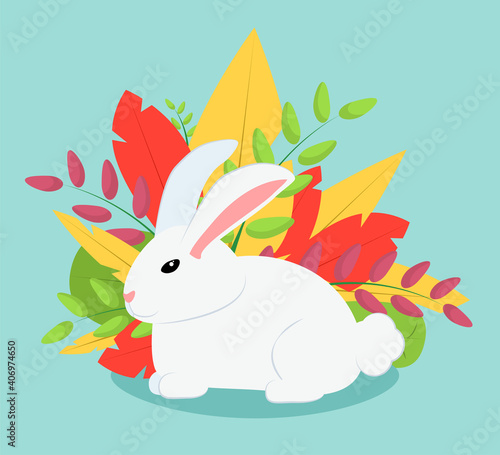 white hare on a background of flowers and leaves. Bright illustration on the theme of spring and happy Easter