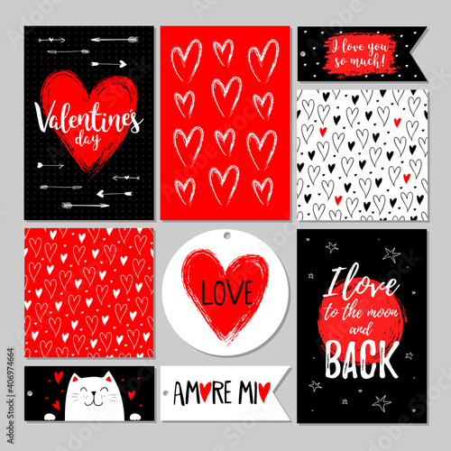 Set of Valentines day gift cards, seamless patterns and badges. Calligraphy and hand drawn design elements