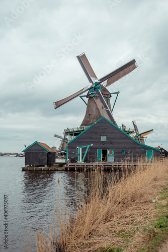 Landscape with mills in early spring. Zaanse Schans, Netherlands, Holland