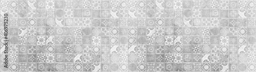 Gray white bright vintage retro geometric square mosaic motif cement tiles texture background banner panorama